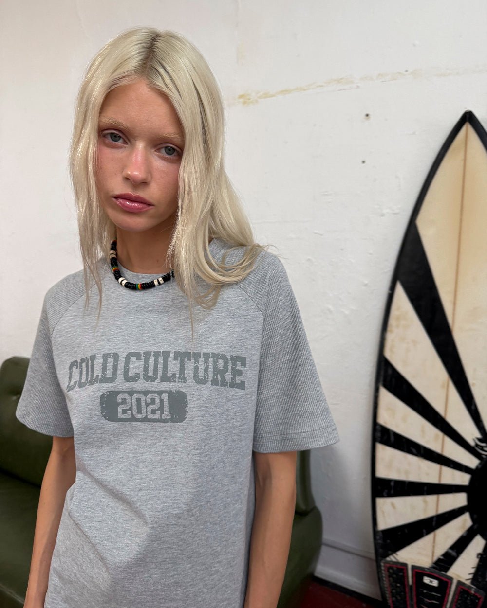 TROPHY TEE HEATHER GREY - heather grey graphic print tee, front view on female model - Cold Culture #woman