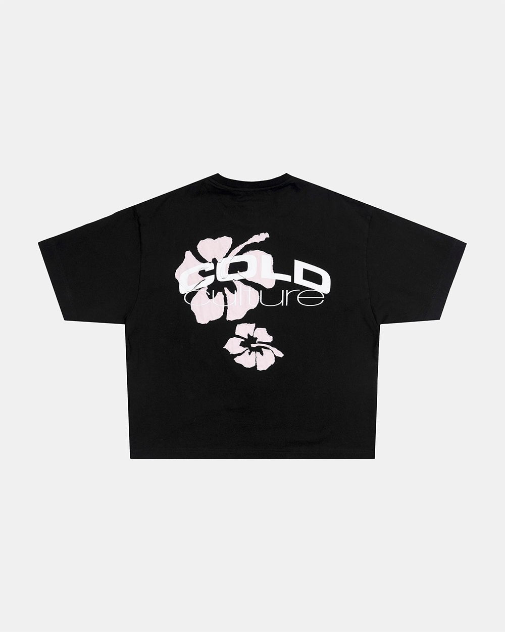 TROPICAL FEVER TEE BLACK - black hibiscus print tee, back view - Cold Culture #woman