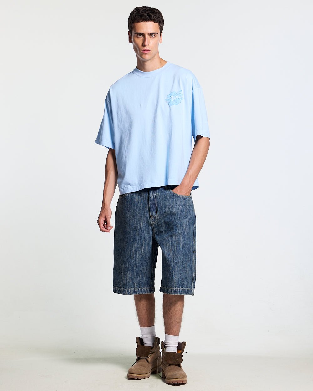 TROPICAL FEVER TEE BLUE - light blue floral print tee, front view on male model - Cold Culture #man