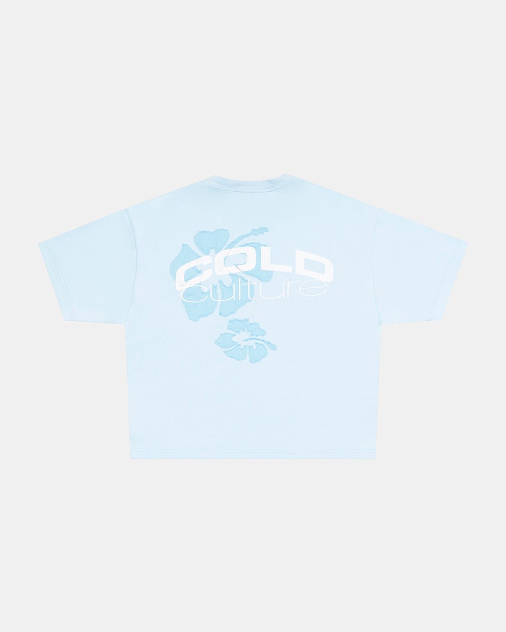 TROPICAL FEVER TEE BLUE - light blue floral print tee, back view - Cold Culture #woman