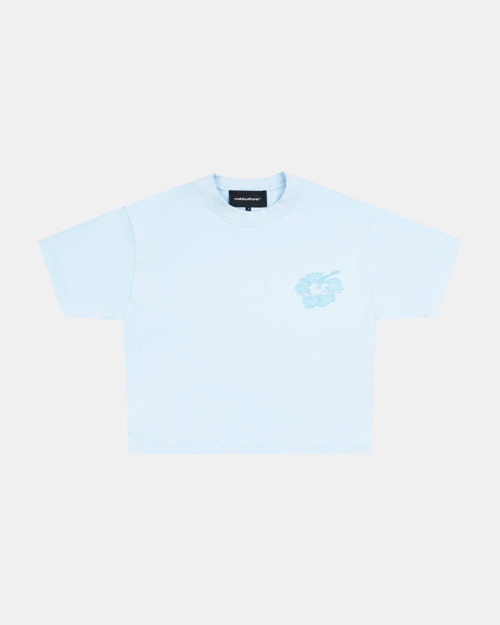 TROPICAL FEVER TEE BLUE - light blue floral print tee, front view - Cold Culture #packshot