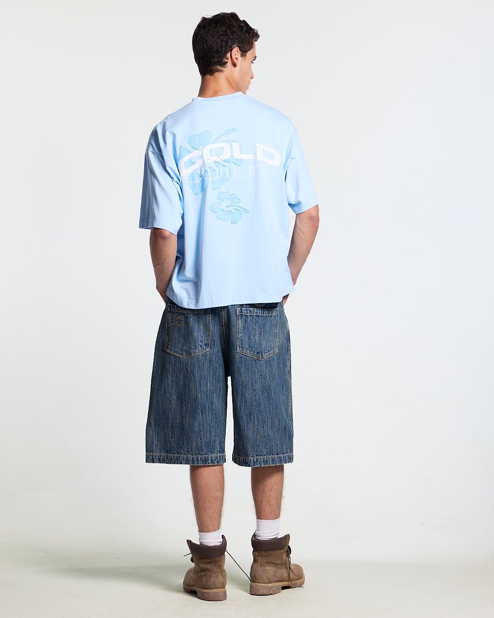 TROPICAL FEVER TEE BLUE - light blue floral print tee, back view on male model - Cold Culture #man