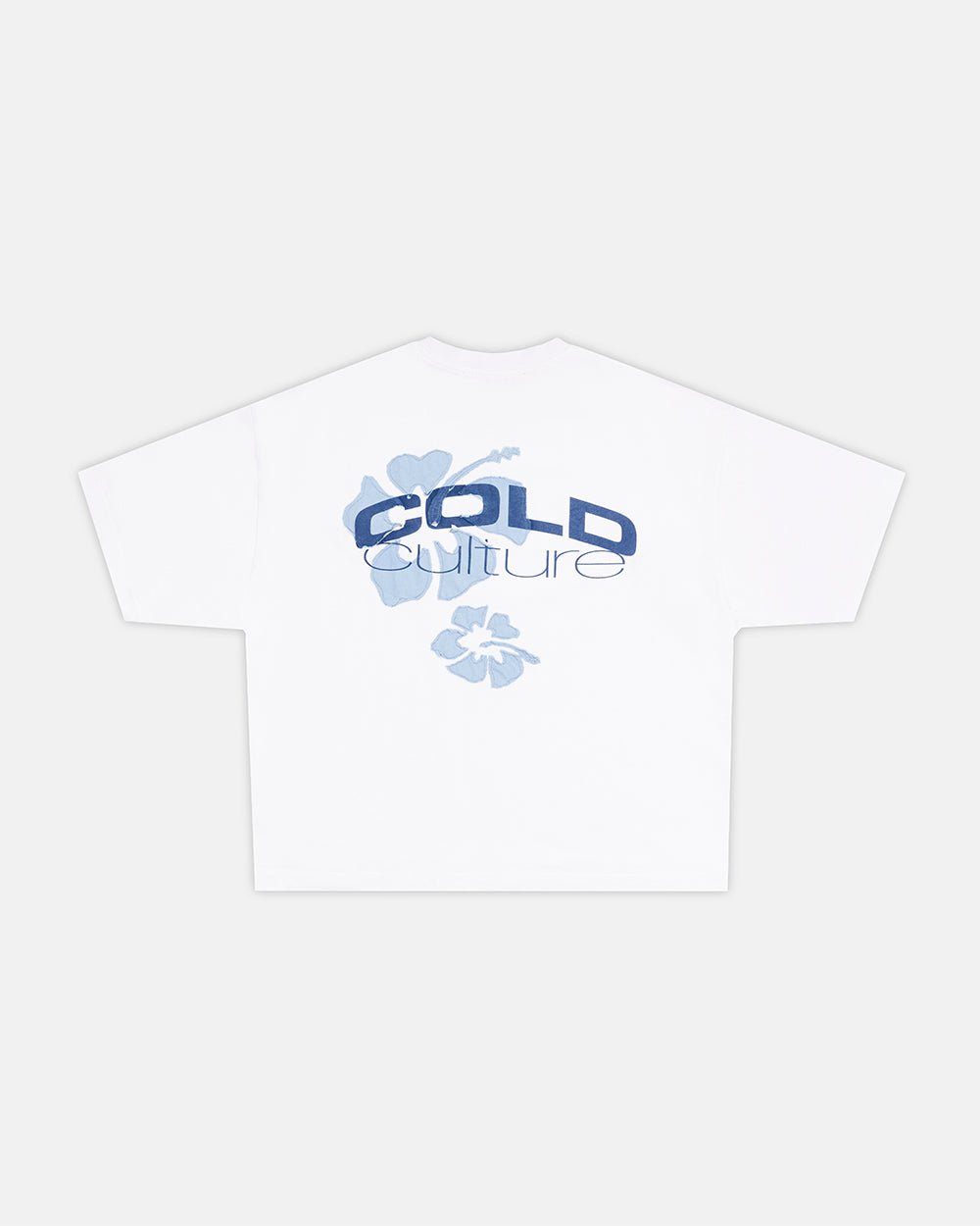 TROPICAL FEVER TEE WHITE - white hibiscus print tee, back view - Cold Culture #packshot