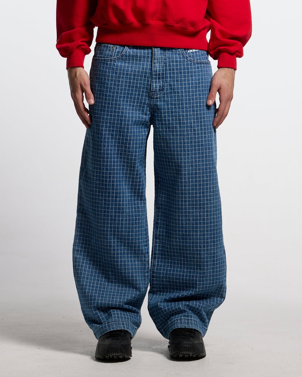 TRUCK DRIVER V2 PANTS BLUE - blue checked pants, front view on male model - Cold Culture