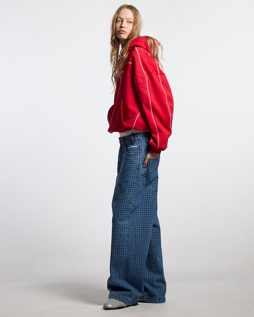 TRUCK DRIVER V2 PANTS BLUE - blue checked pants, side view - Cold Culture #woman