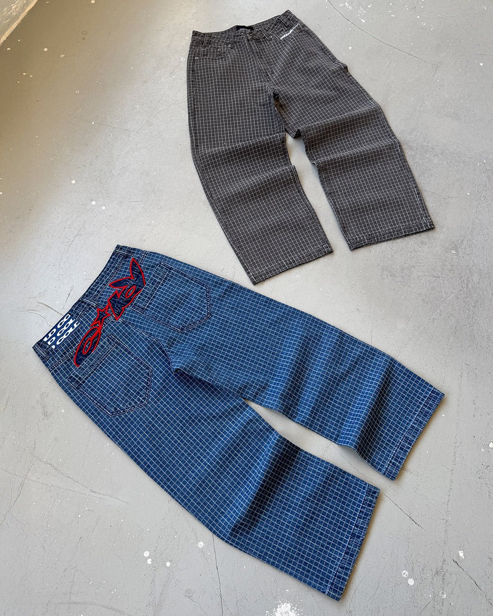 TRUCK DRIVER V2 PANTS BLUE - blue checked pants, flat lay with matching pieces - Cold Culture