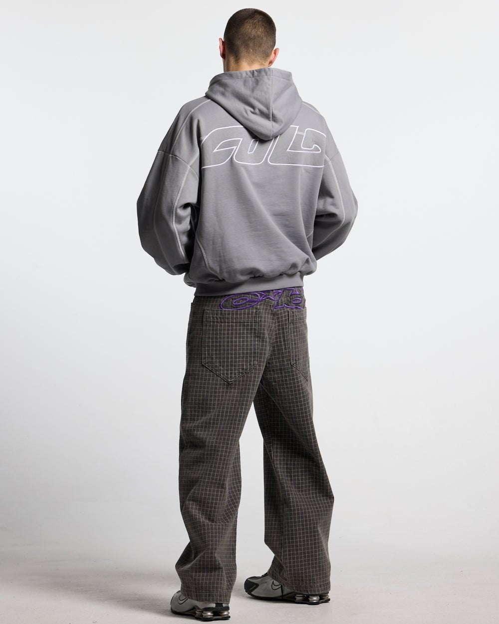 TRUCK DRIVER V2 PANTS GREY - grey checked pants, back view on male model - Cold Culture