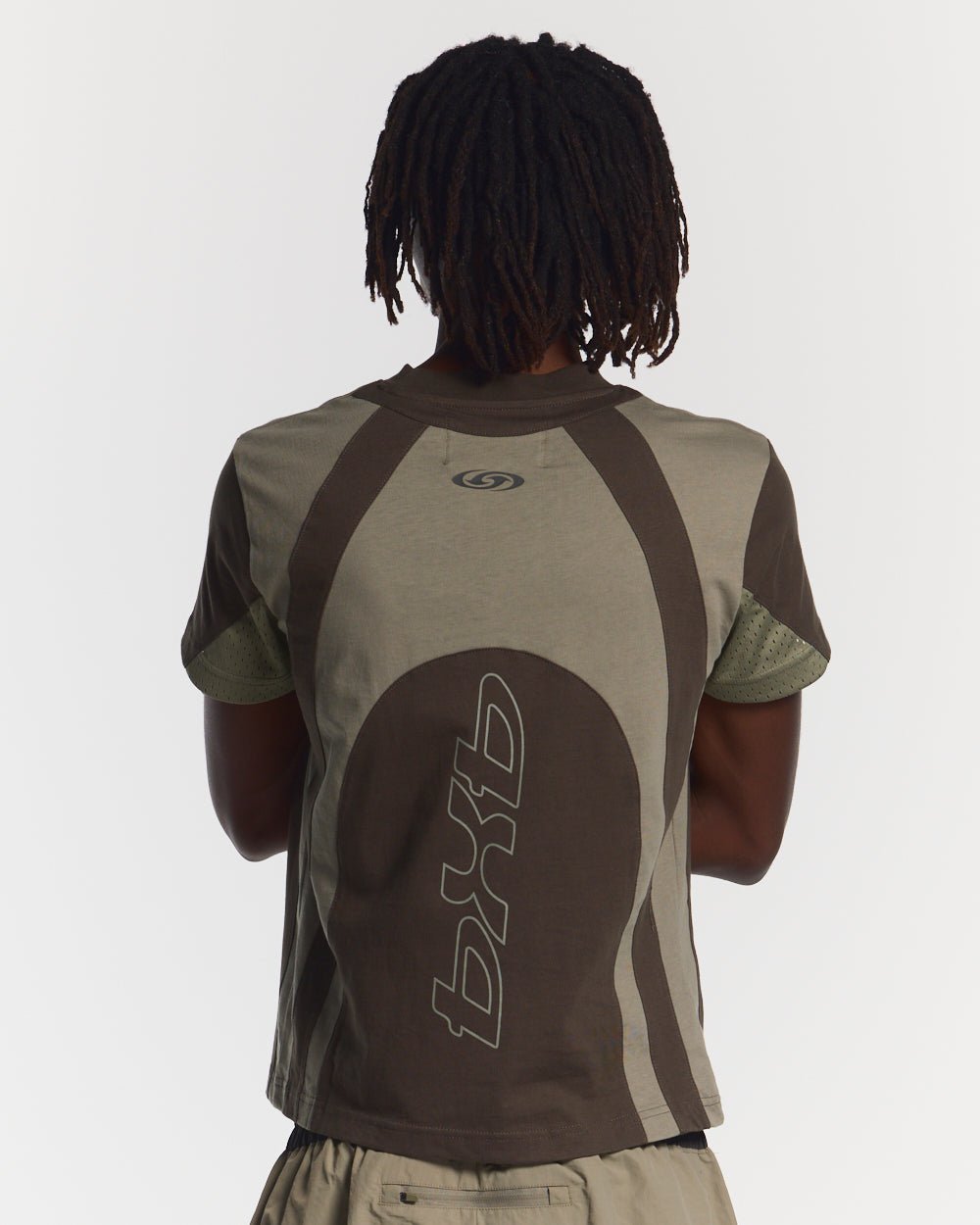 TURBO TEE KHAKI GREEN - khaki green paneled tee, back view on male model - Cold Culture #man