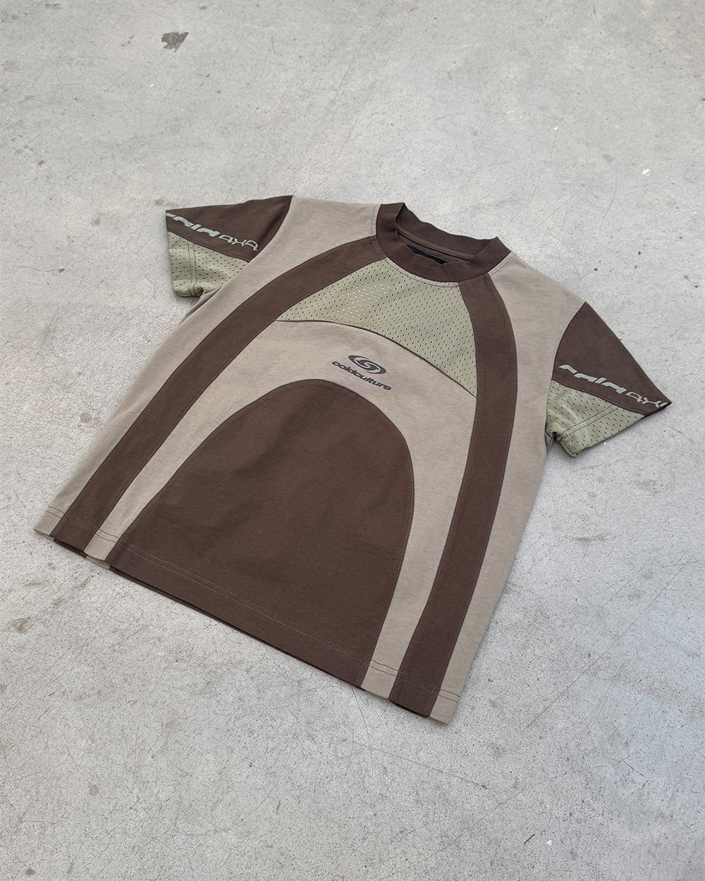 TURBO TEE KHAKI GREEN - khaki green paneled tee, flat lay - Cold Culture
