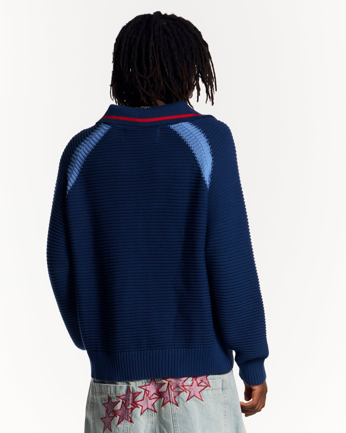 TUSCANY LONGSLEEVE DARK BLUE - dark blue knit longsleeve tee, back view on male model - Cold Culture #man