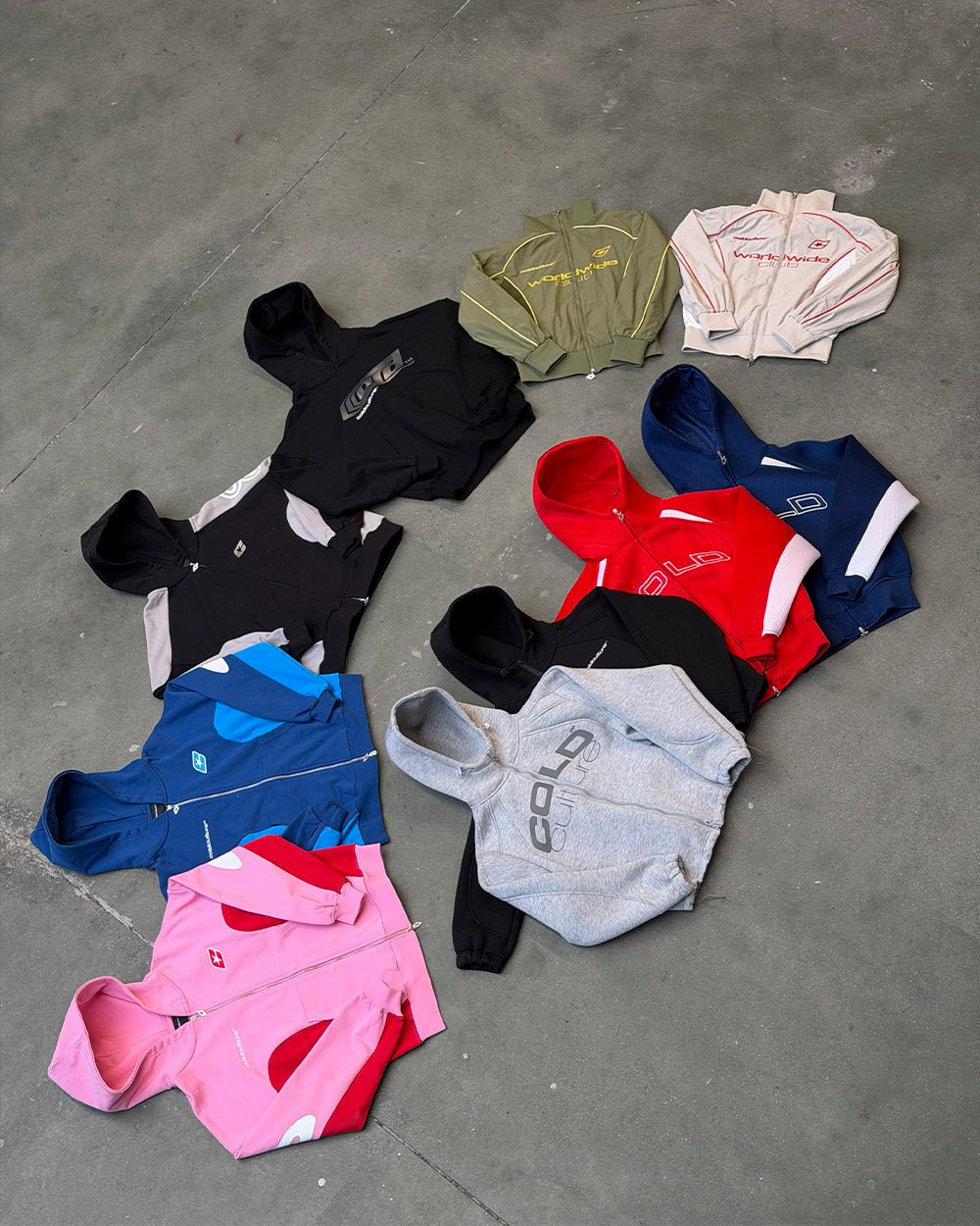 TWISTTER ZIP HOODIE PINK - pink and red zip-up hoodie, flat lay with matching pieces - Cold Culture