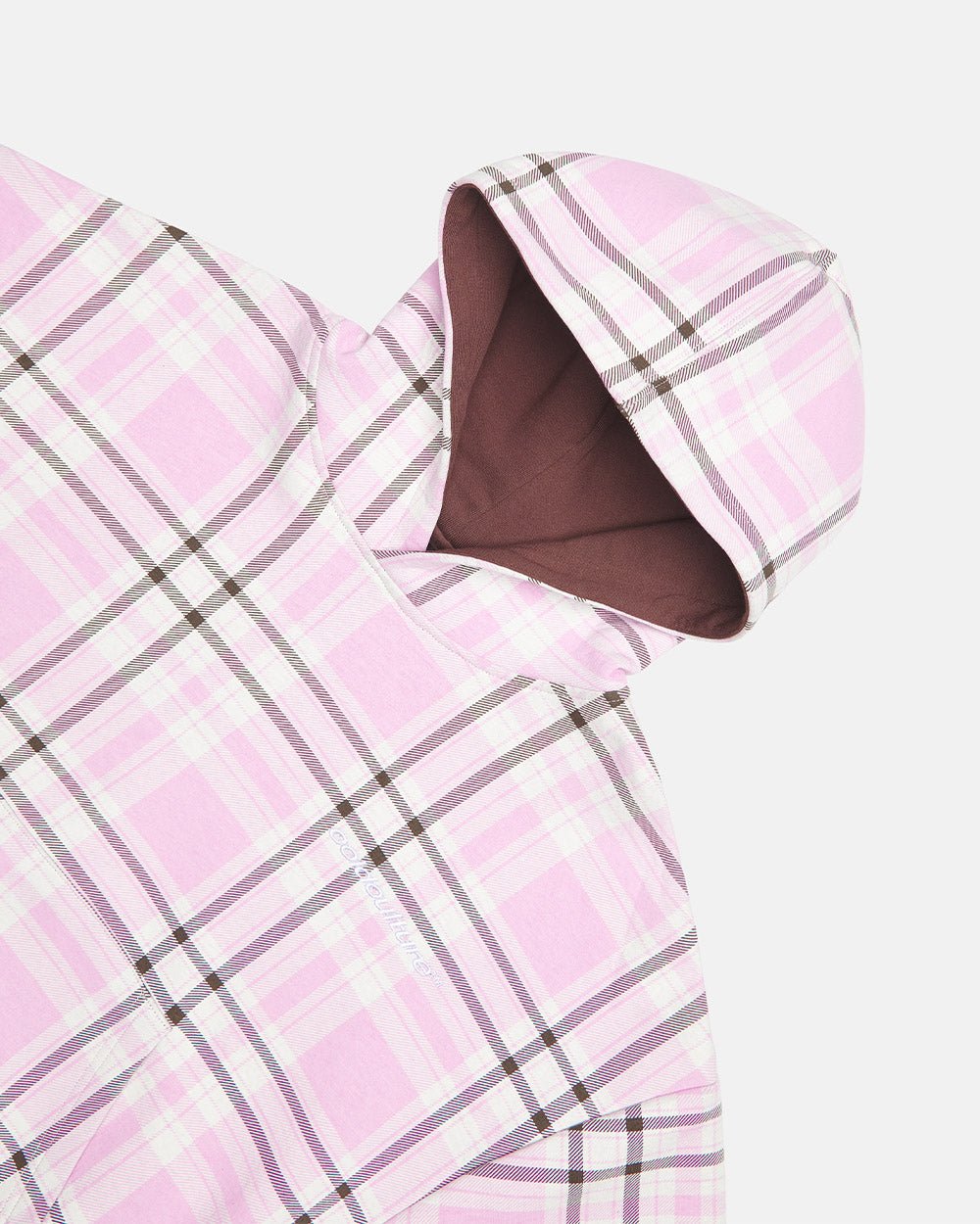 TWO FACES HOODIE BROWN & PINK - pink plaid hoodie, detail close-up - Cold Culture