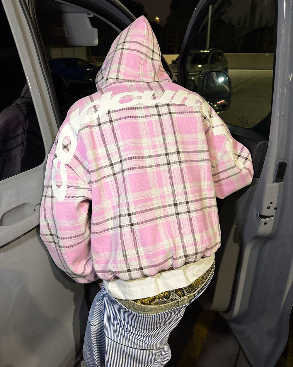 TWO FACES HOODIE BROWN & PINK - pink plaid hoodie, street style shot - Cold Culture