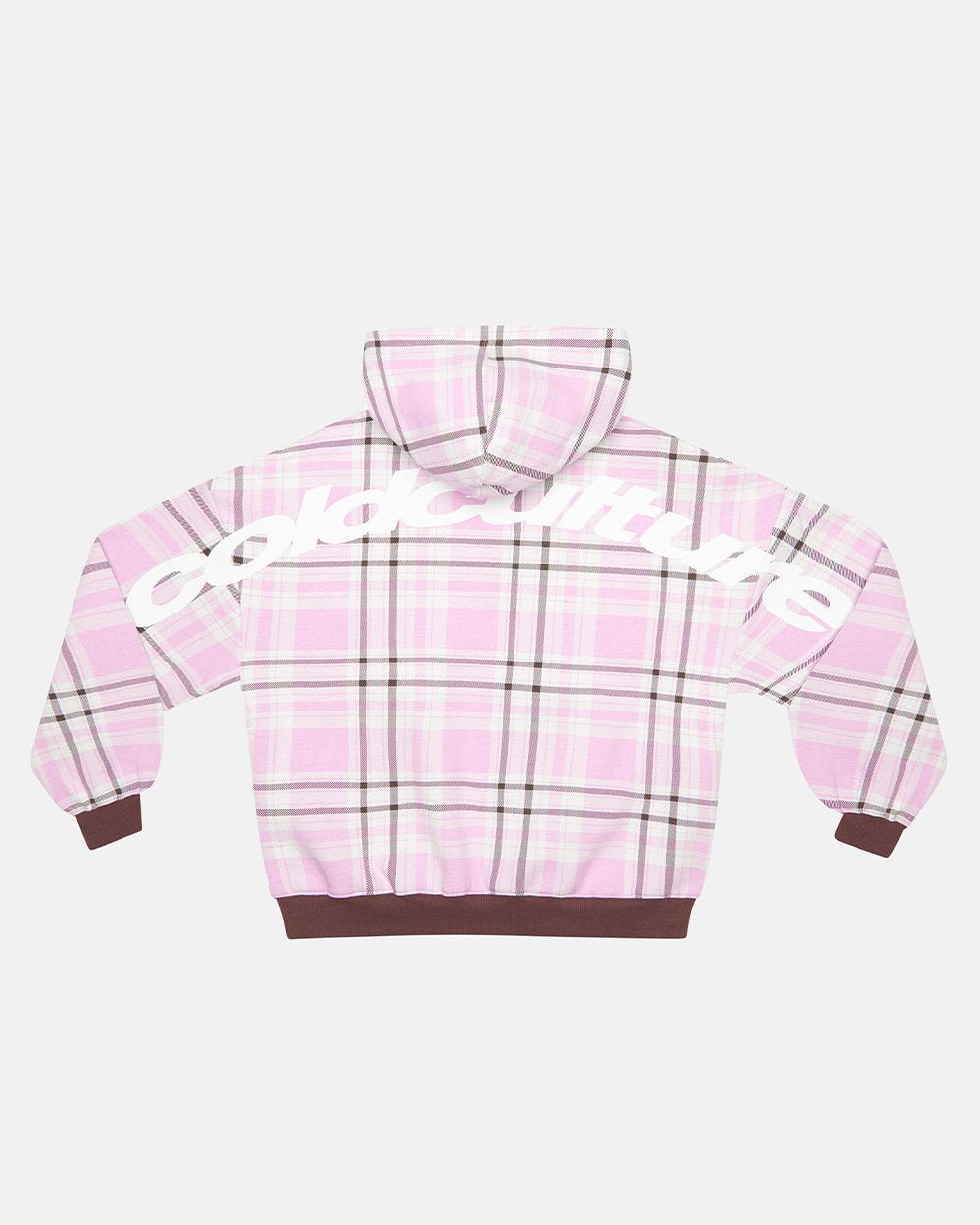 TWO FACES HOODIE BROWN & PINK - pink plaid hoodie, back view - Cold Culture #packshot