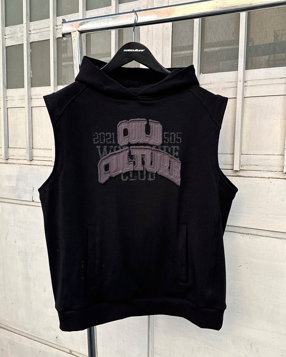 TYSON VEST BLACK - black sleeveless hoodie, front view - Cold Culture