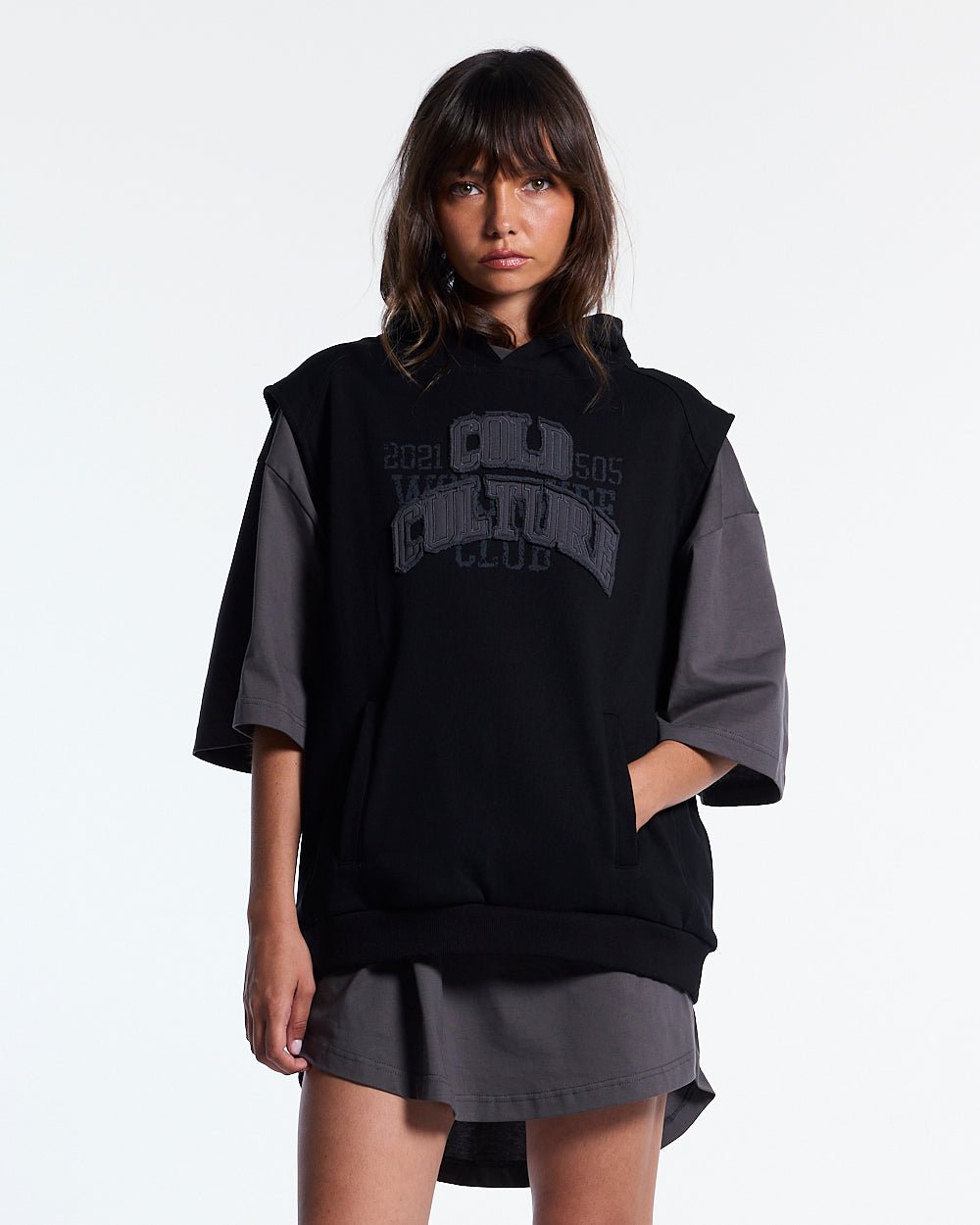 TYSON VEST BLACK - black sleeveless hoodie, front view on female model - Cold Culture #woman