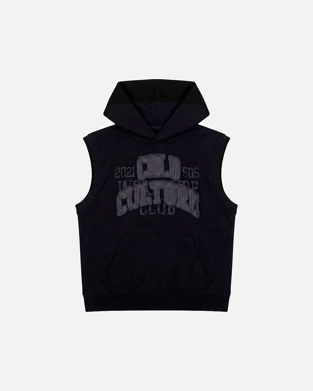 TYSON VEST BLACK - black sleeveless hoodie, front view - Cold Culture #packshot