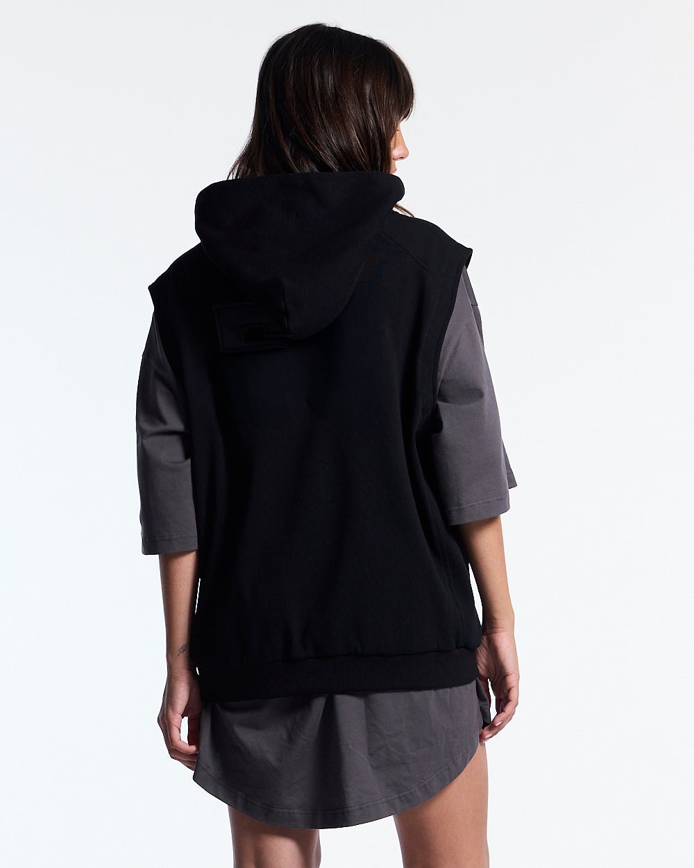 TYSON VEST BLACK - black sleeveless hoodie, back view on female model - Cold Culture #woman