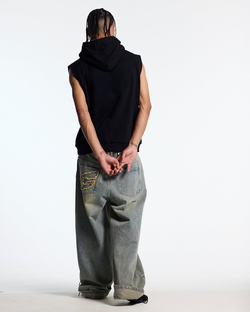 TYSON VEST BLACK - black sleeveless hoodie, back view on male model - Cold Culture