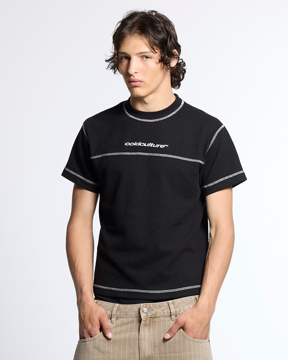 UNDERSKIN TEE BLACK - black contrast stitch tee, front view on male model - Cold Culture #man