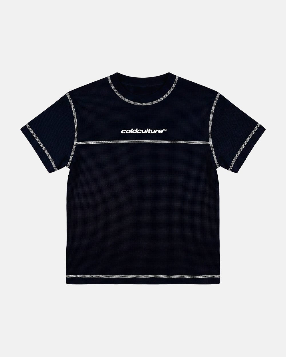 UNDERSKIN TEE BLACK - black contrast stitch tee, front view - Cold Culture #packshot