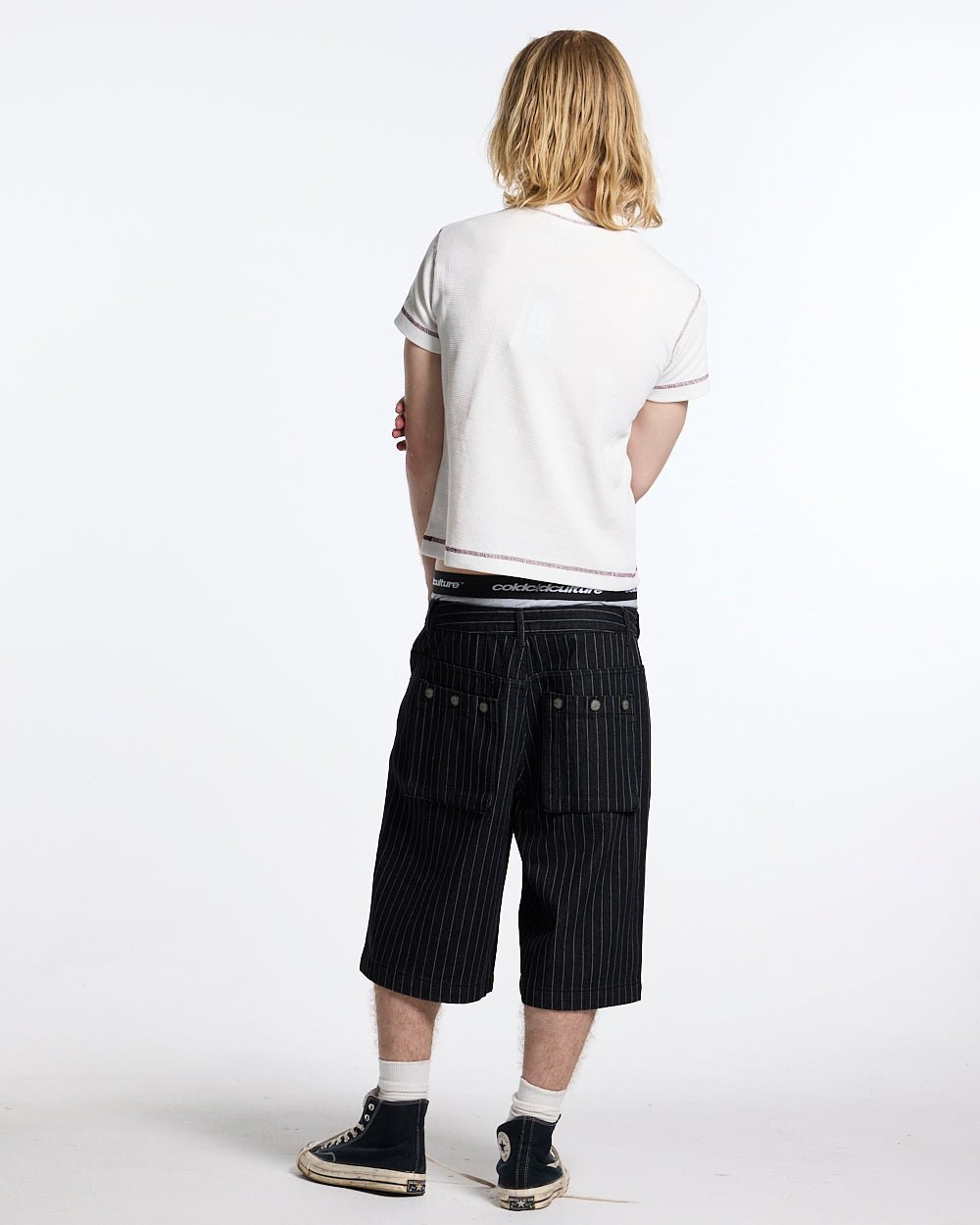 UNDERSKIN TEE WHITE - white contrast stitch tee, back view on male model - Cold Culture #man