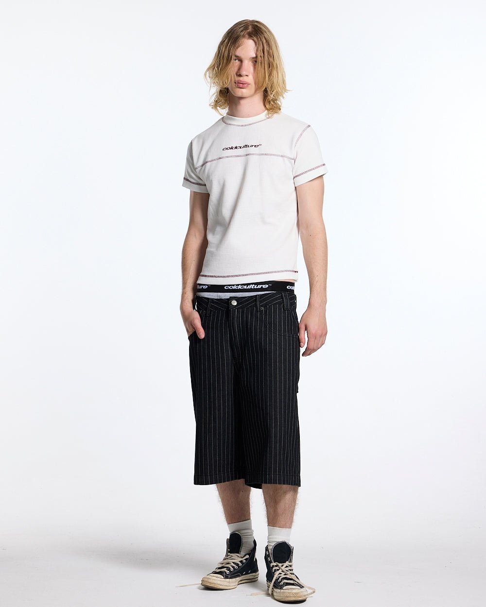 UNDERSKIN TEE WHITE - white contrast stitch tee, front view on male model - Cold Culture #man
