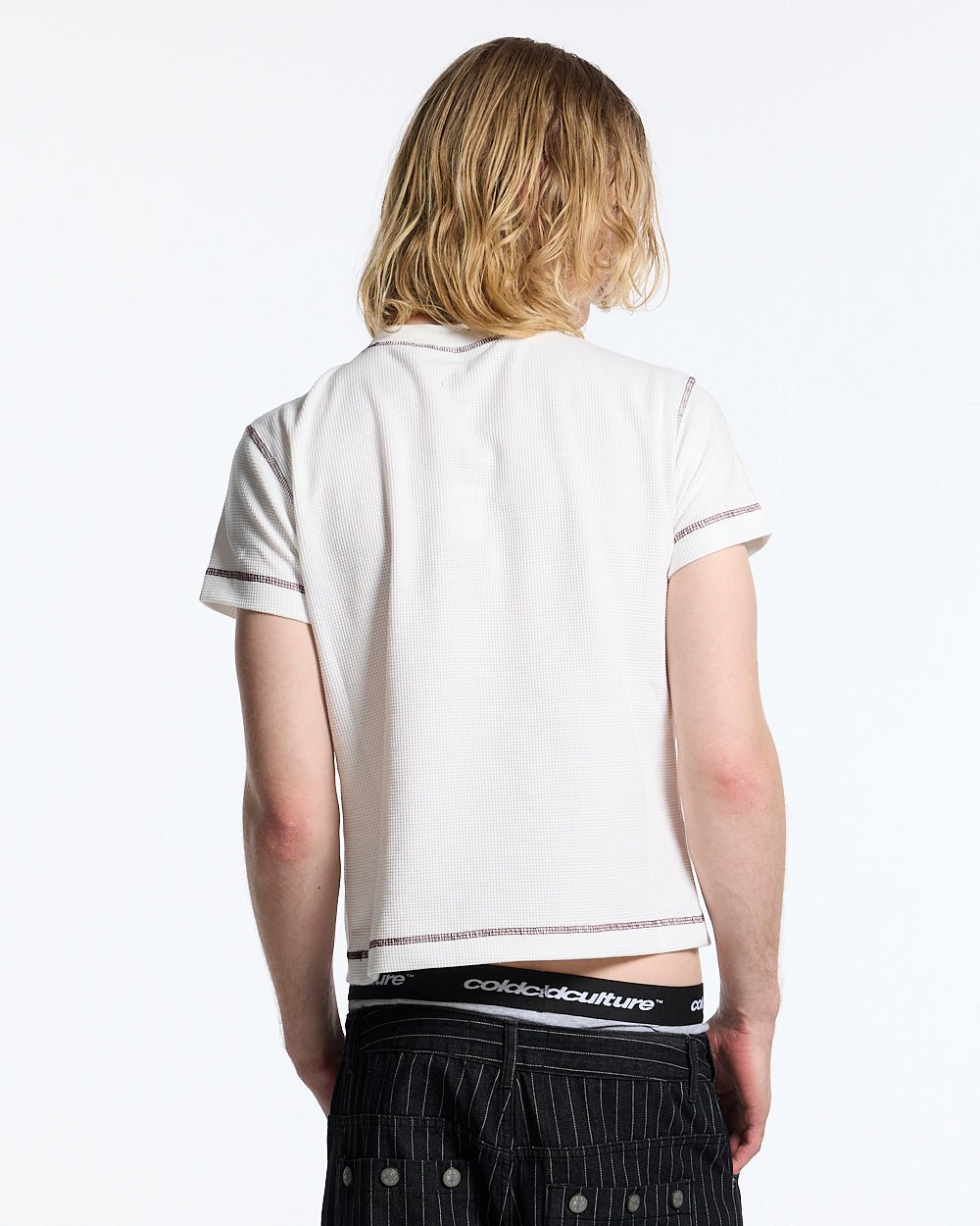 UNDERSKIN TEE WHITE - white contrast stitch tee, back view on male model - Cold Culture #man