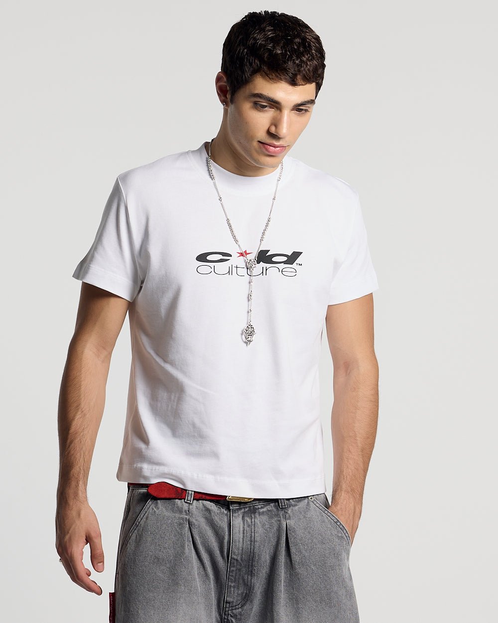 UNFILTERED TEE WHITE - white logo print tee, front view on male model - Cold Culture #man
