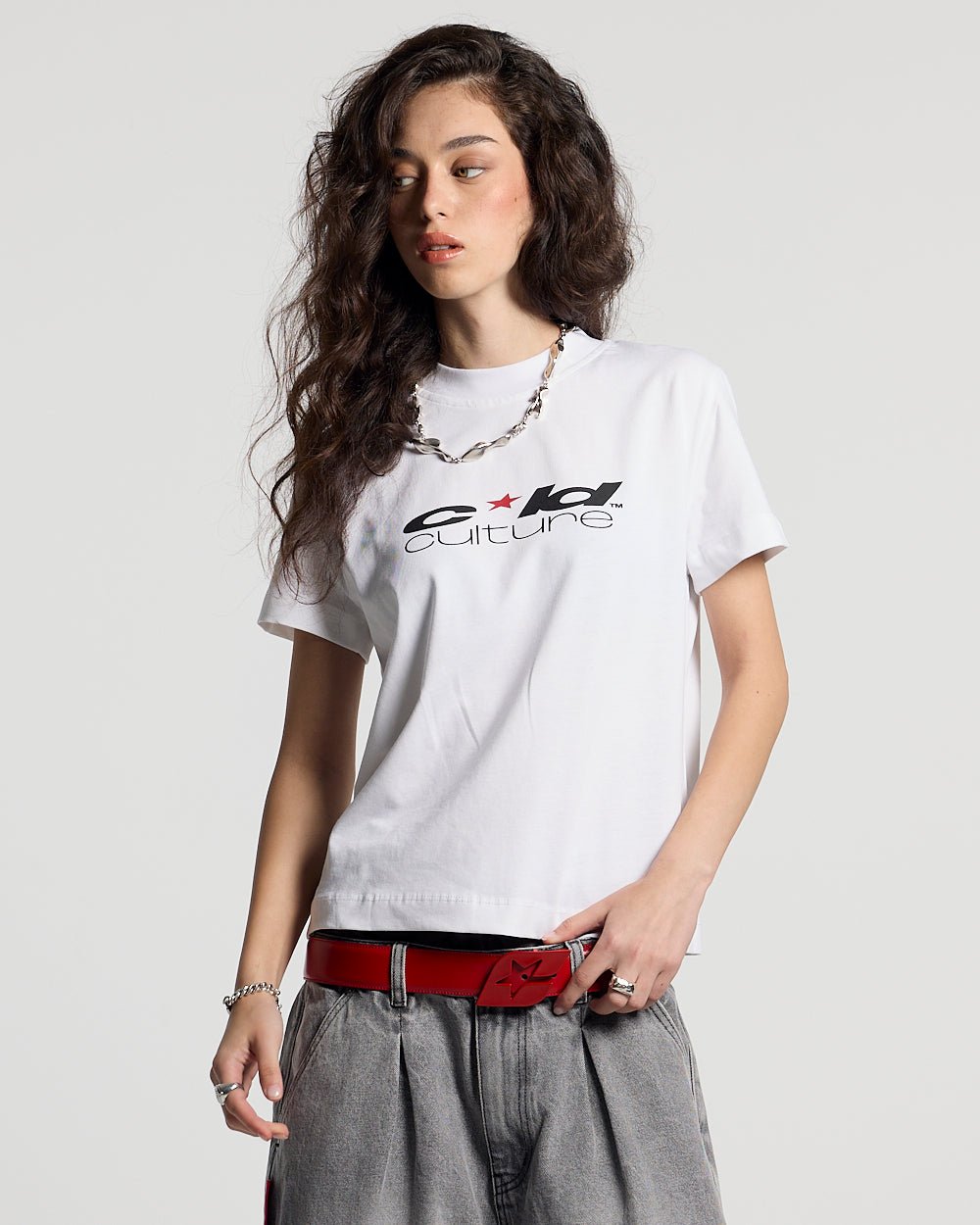 UNFILTERED TEE WHITE - white logo print tee, front view on female model - Cold Culture #woman