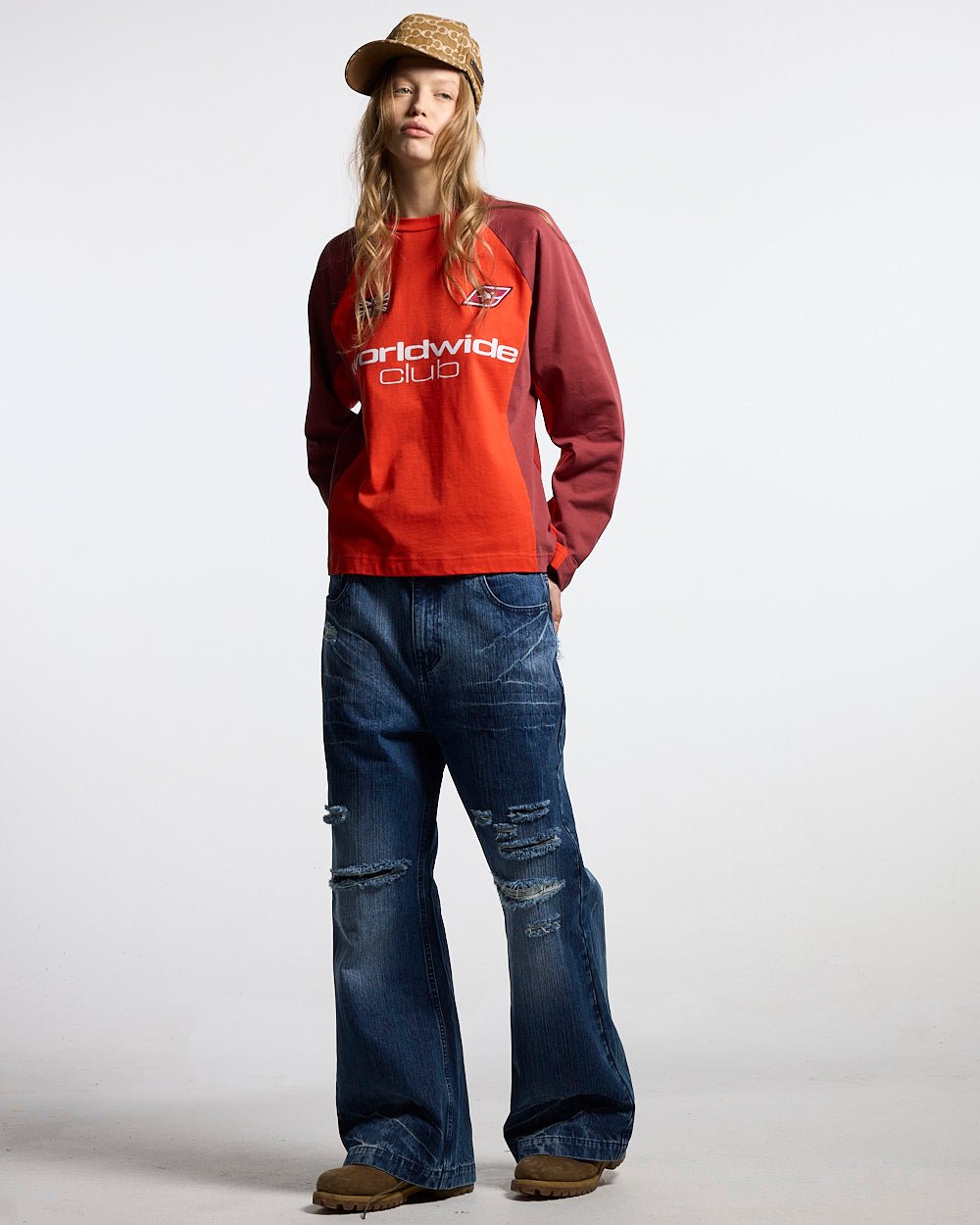 UNION LONGSLEEVE RED - red football-style longsleeve tee, front view on female model - Cold Culture #woman