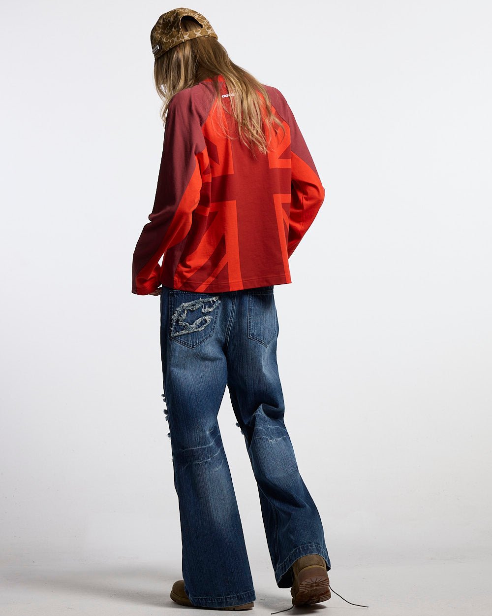 UNION LONGSLEEVE RED - red football-style longsleeve tee, back view on female model - Cold Culture #woman