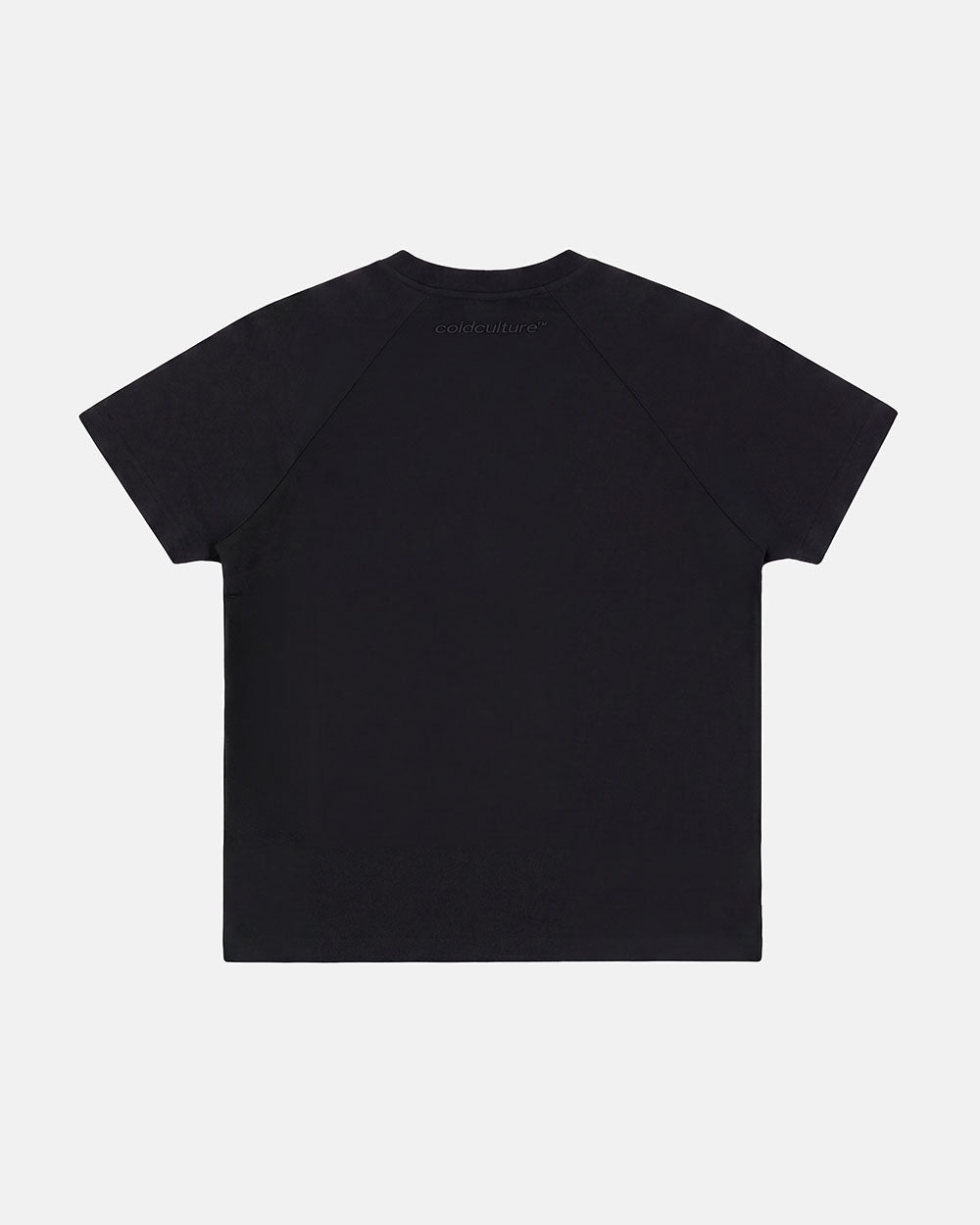 UNIT 05 TEE BLACK - black buttoned shoulder tee, back view - Cold Culture #packshot