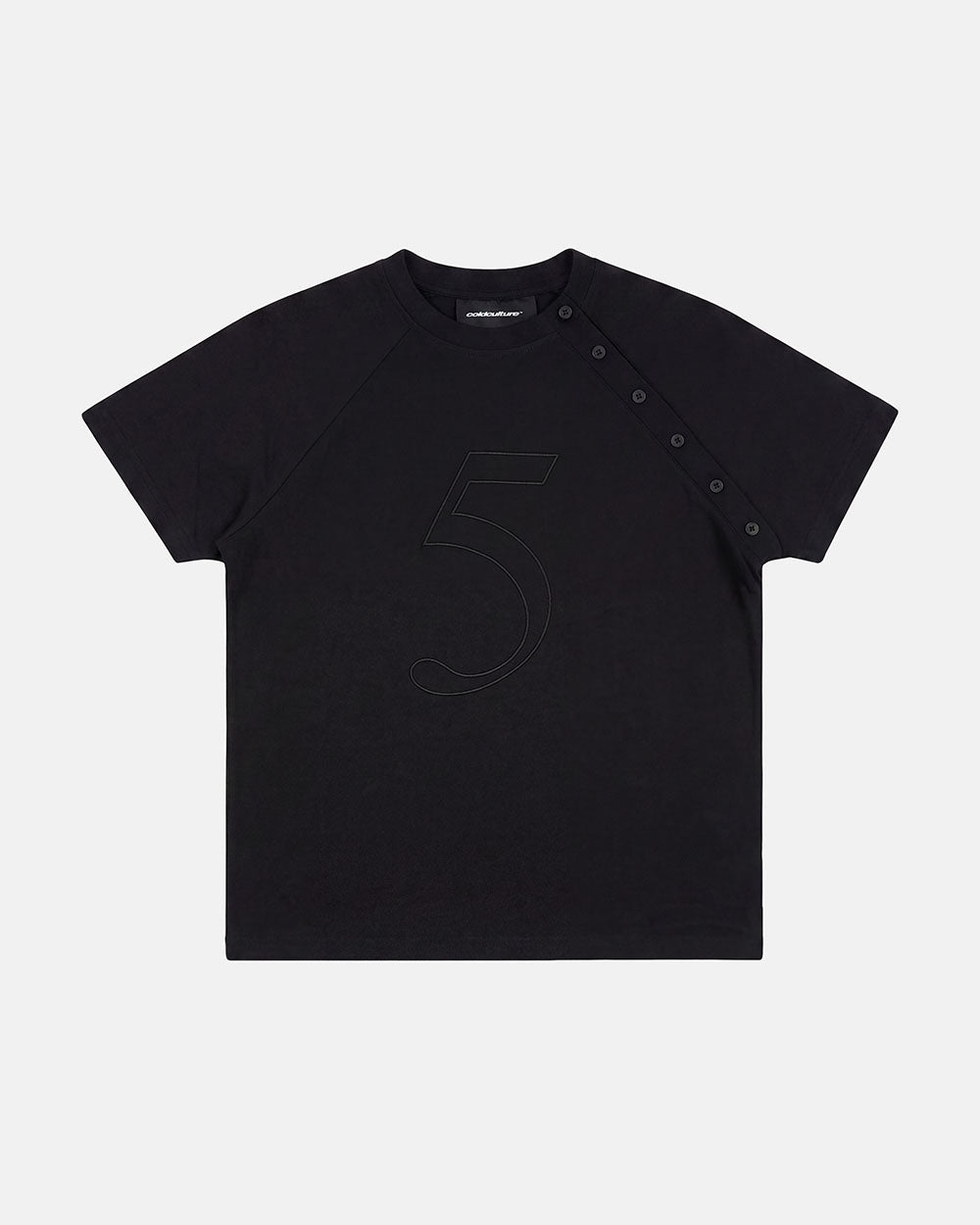 UNIT 05 TEE BLACK - black buttoned shoulder tee, front view - Cold Culture #woman