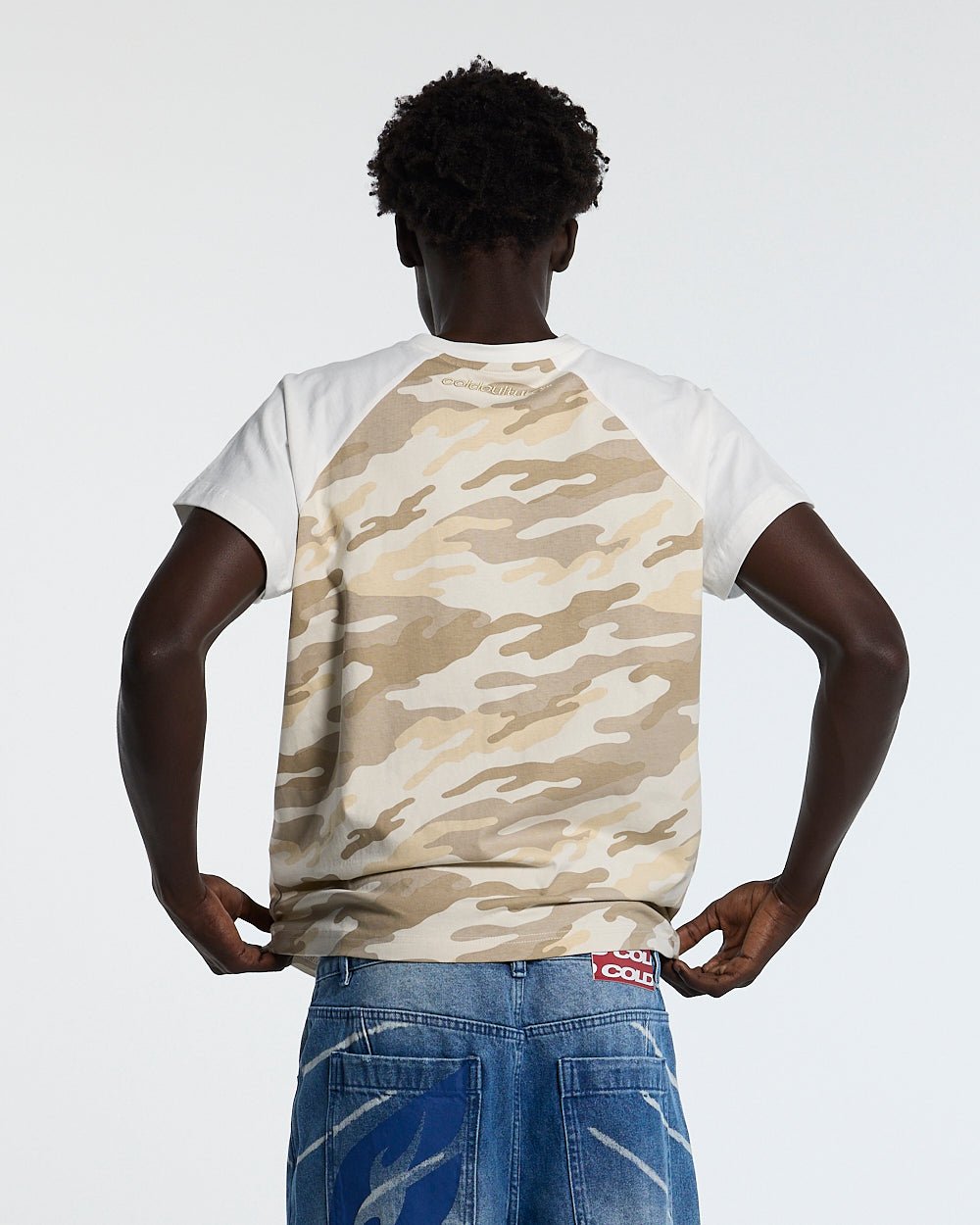 UNIT 05 TEE CAMO - beige camo raglan tee, back view on male model - Cold Culture #man