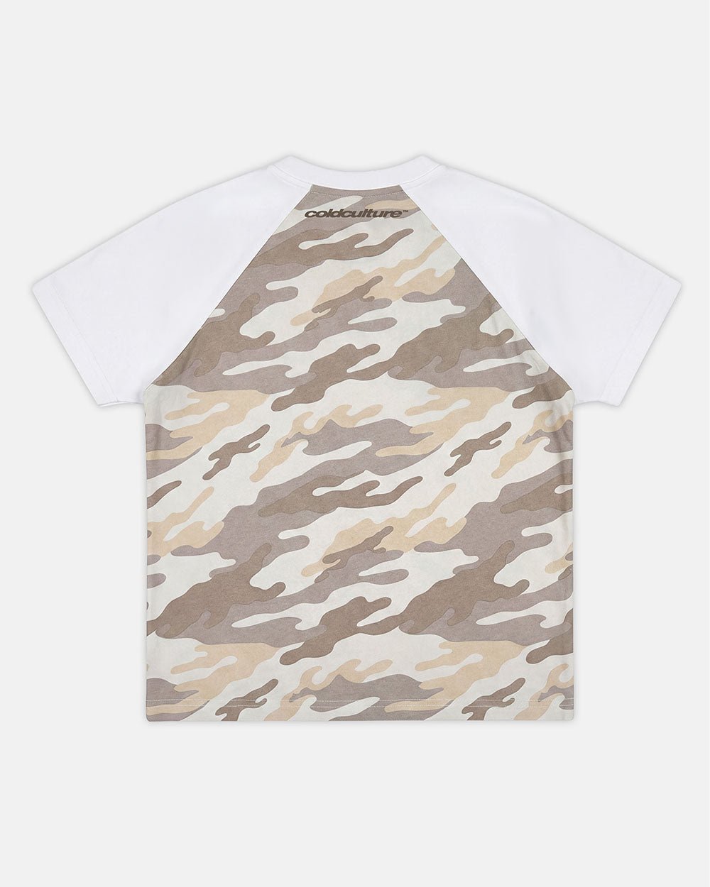 UNIT 05 TEE CAMO - beige camo raglan tee, back view - Cold Culture #packshot