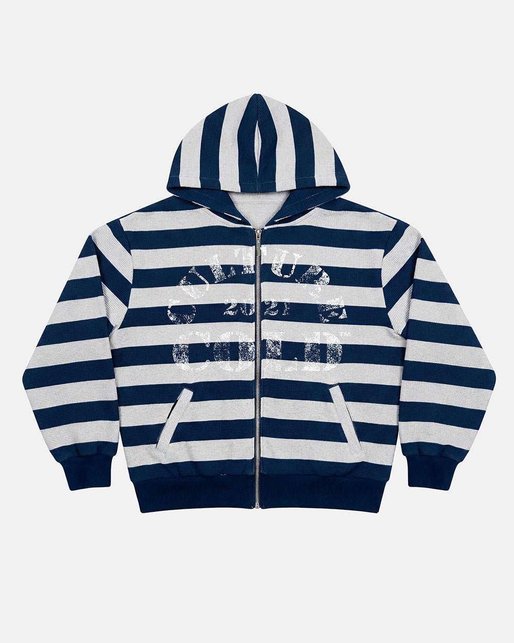 UNTRUE WAFFLE REVERSIBLE ZIP HOODIE BLUE - navy striped reversible zip-up hoodie, front view - Cold Culture #packshot
