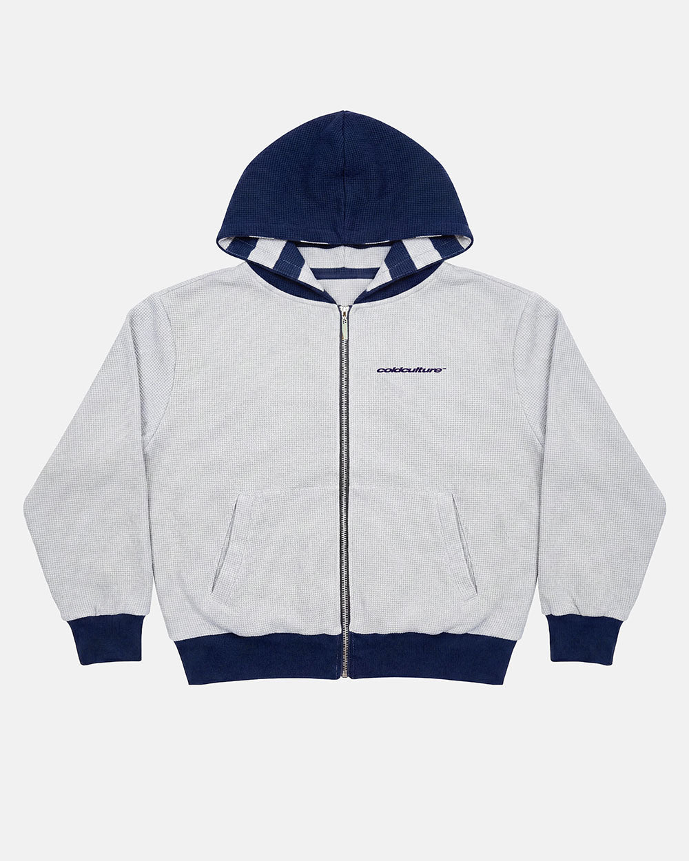 UNTRUE WAFFLE REVERSIBLE ZIP HOODIE BLUE - navy striped reversible zip-up hoodie, front view - Cold Culture #packshot