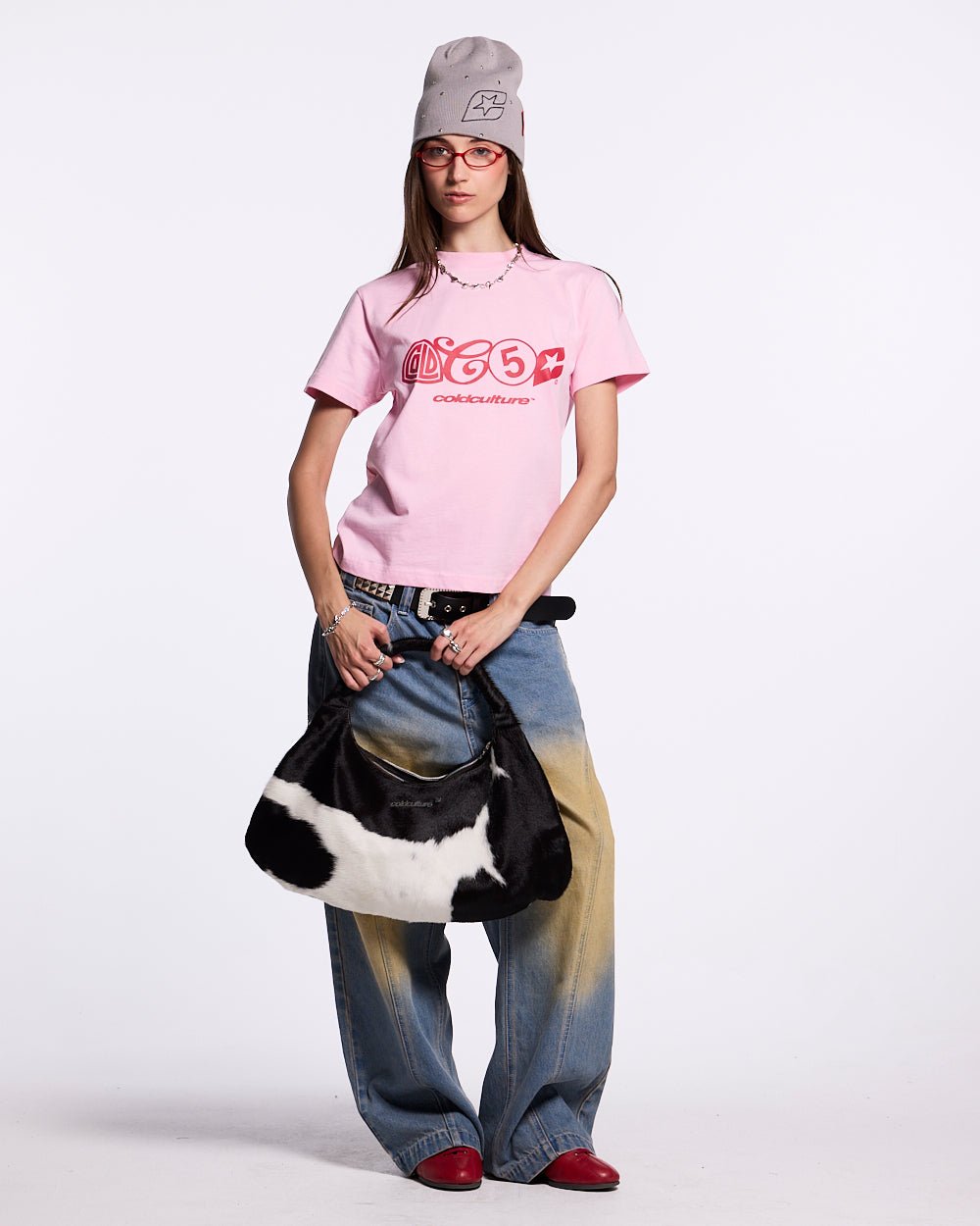 URBAN LEGACY TEE BABY PINK - baby pink graphic print tee, front view on female model - Cold Culture #woman