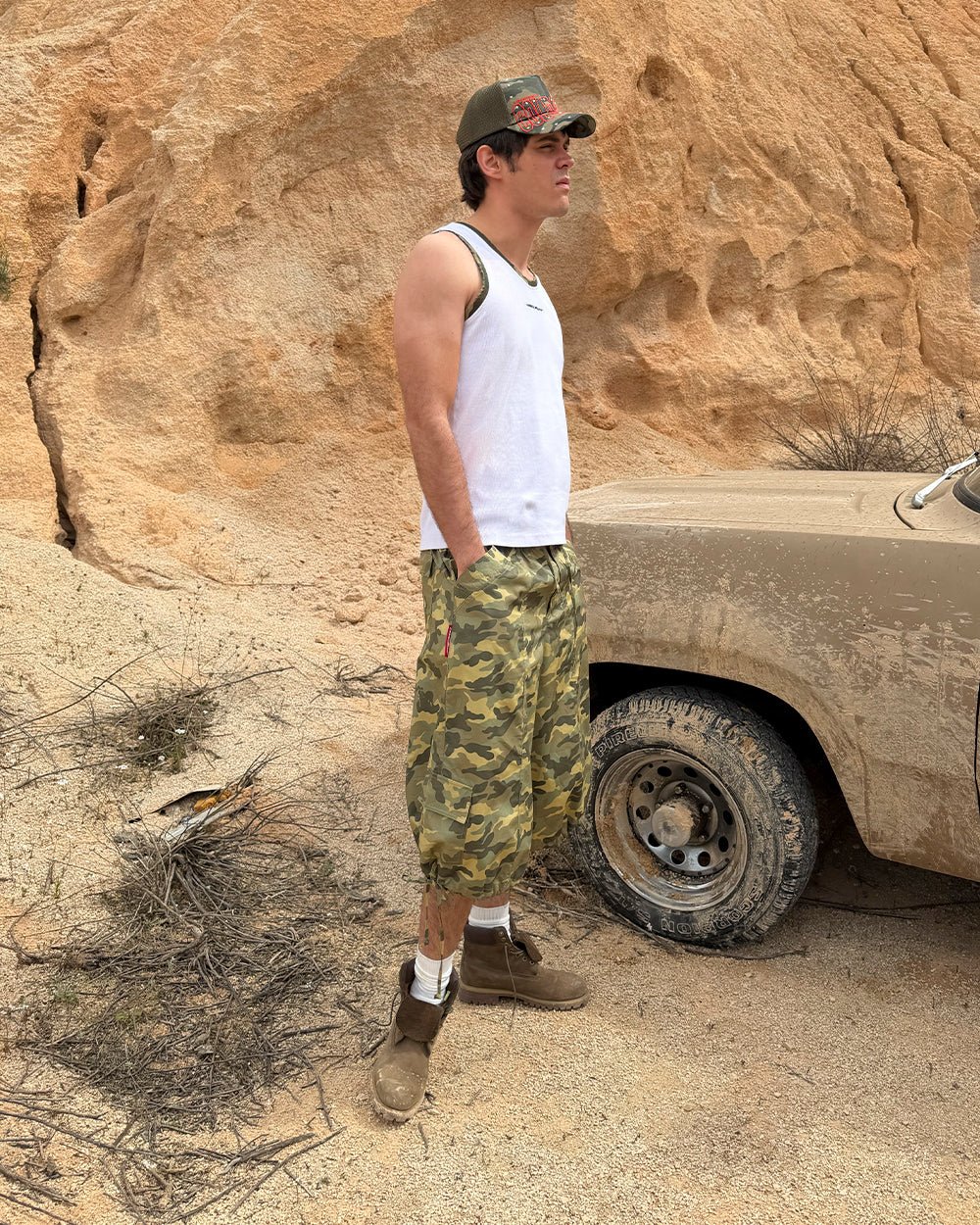 UTILITARY CAPRI PARACHUTE CAMO - camo cargo capri shorts, street style shot - Cold Culture