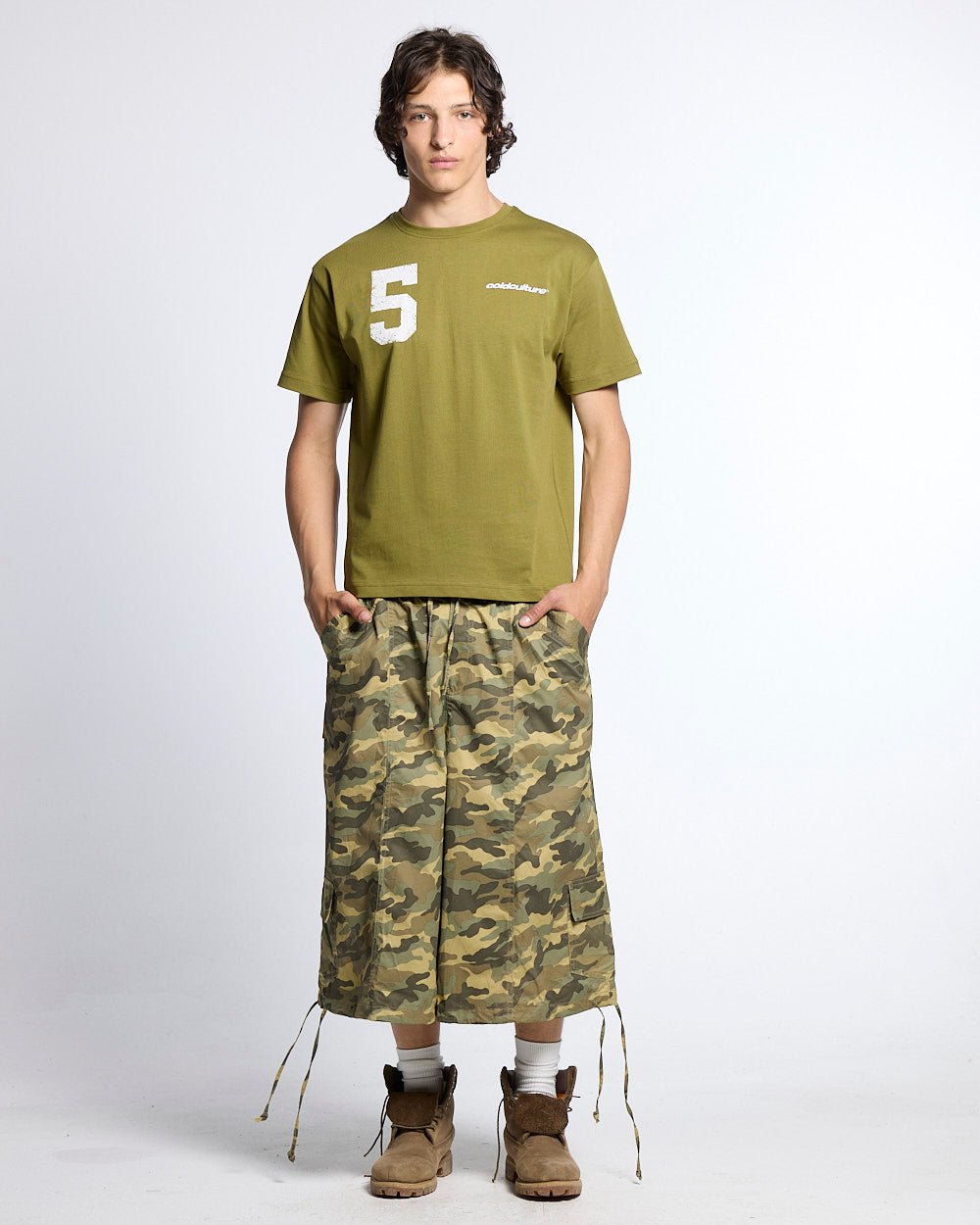 UTILITARY CAPRI PARACHUTE CAMO - camo cargo capri shorts, front view on male model - Cold Culture #man