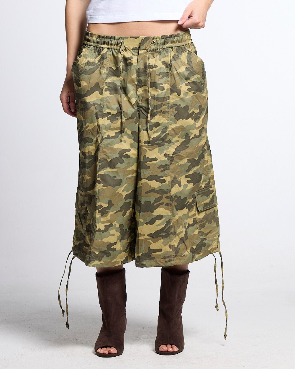 UTILITARY CAPRI PARACHUTE CAMO - camo cargo capri shorts, front view on female model - Cold Culture #woman