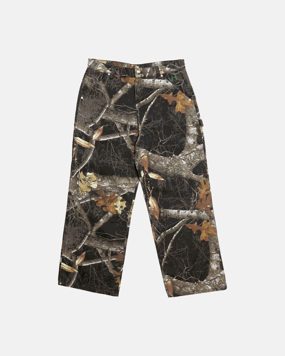 V1 CARPENTER PANTS REALTREE BLACK - black realtree camo carpenter pants, front view - Cold Culture #packshot