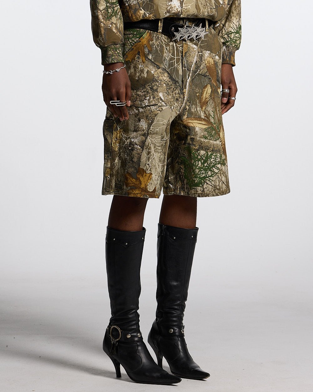V1 CARPENTER SHORTS REALTREE - realtree camo carpenter shorts, front view on female model - Cold Culture #woman