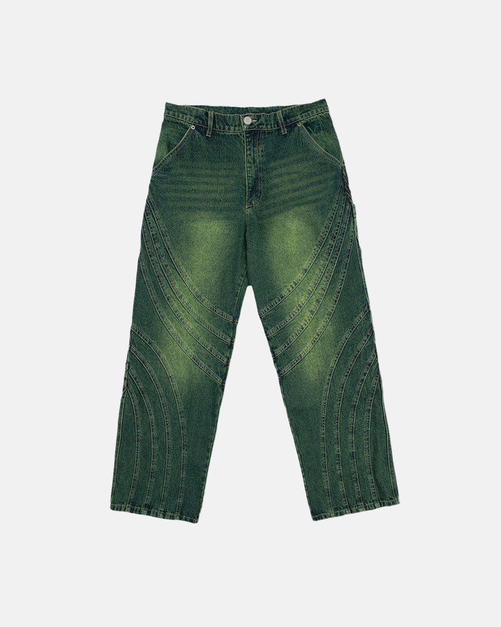 V1 MAZE PANTS GREEN DENIM - green washed denim pants, front view - Cold Culture #packshot