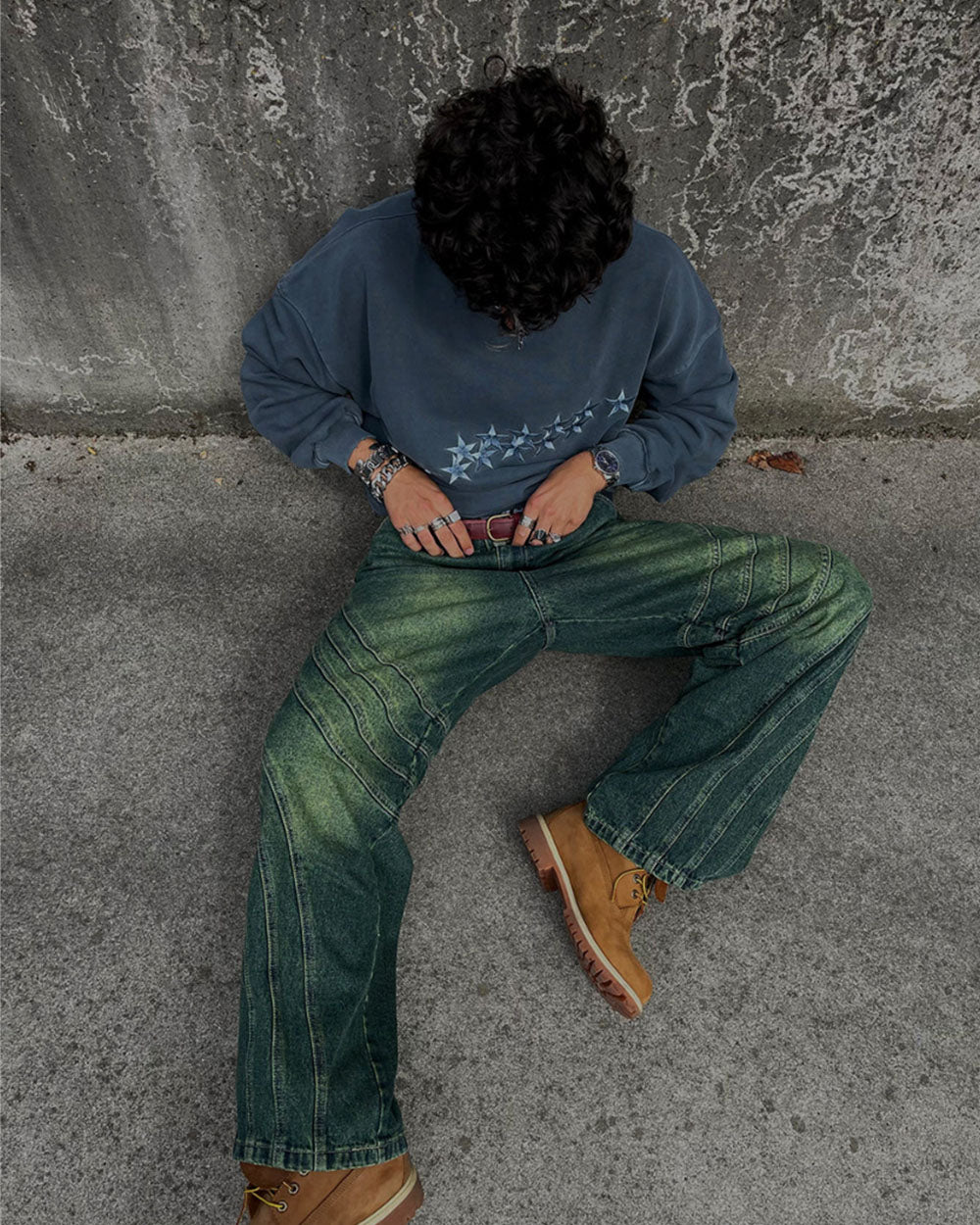 V1 MAZE PANTS GREEN DENIM - green washed denim pants, street style shot - Cold Culture