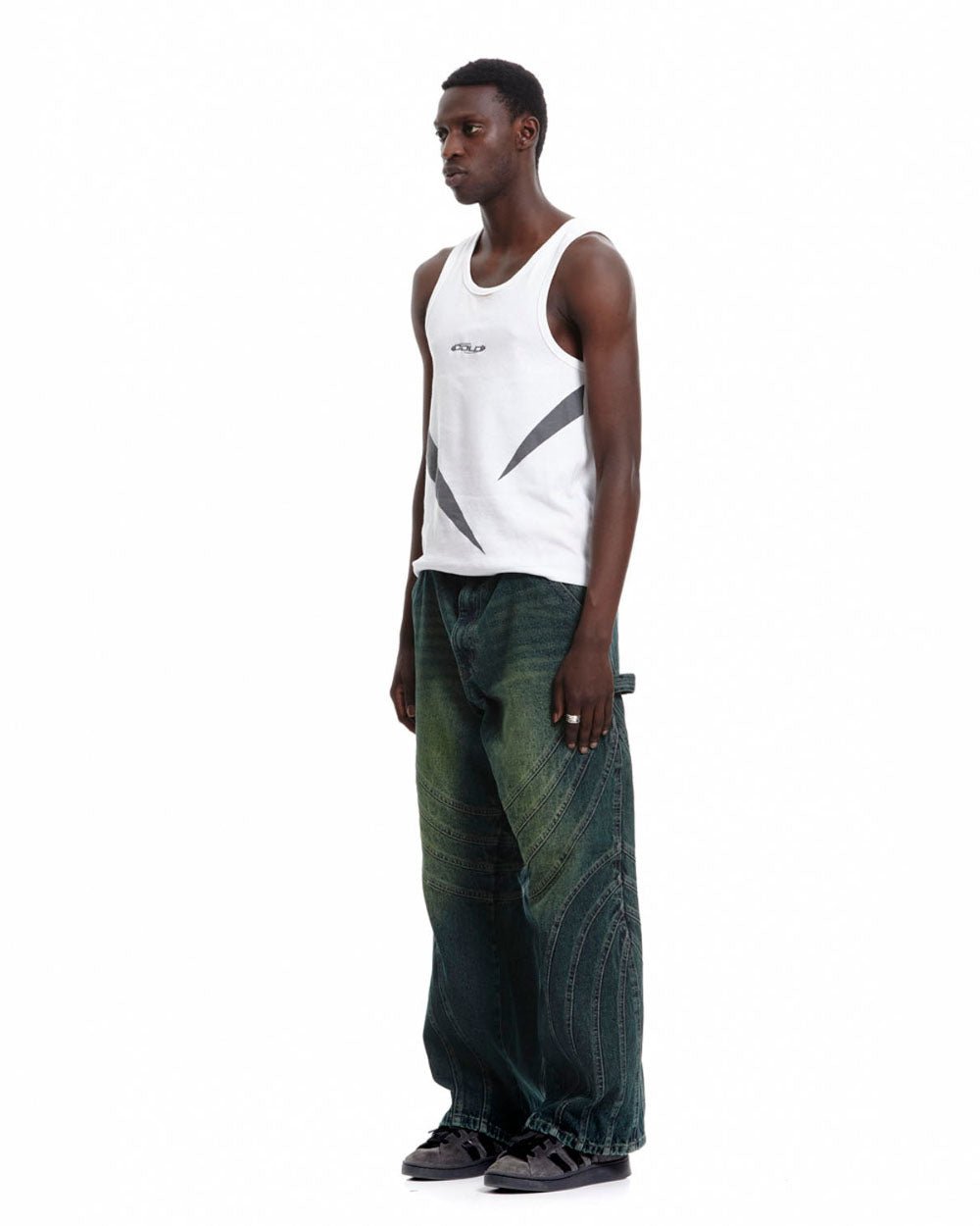 V1 MAZE PANTS GREEN DENIM - green washed denim pants, side view - Cold Culture #man