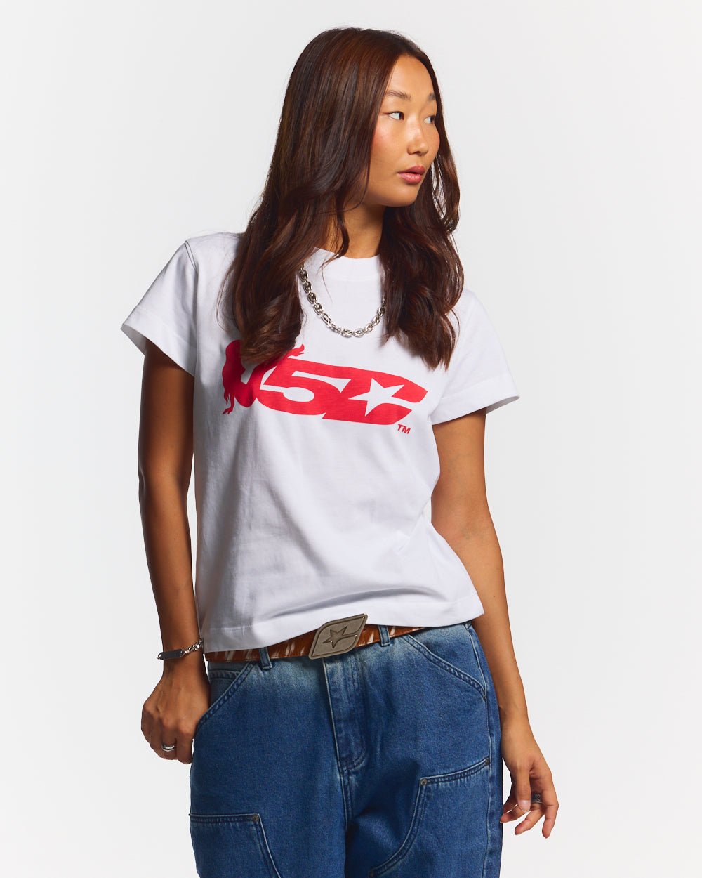 V5C TEE WHITE - white graphic print tee, front view on female model - Cold Culture #woman