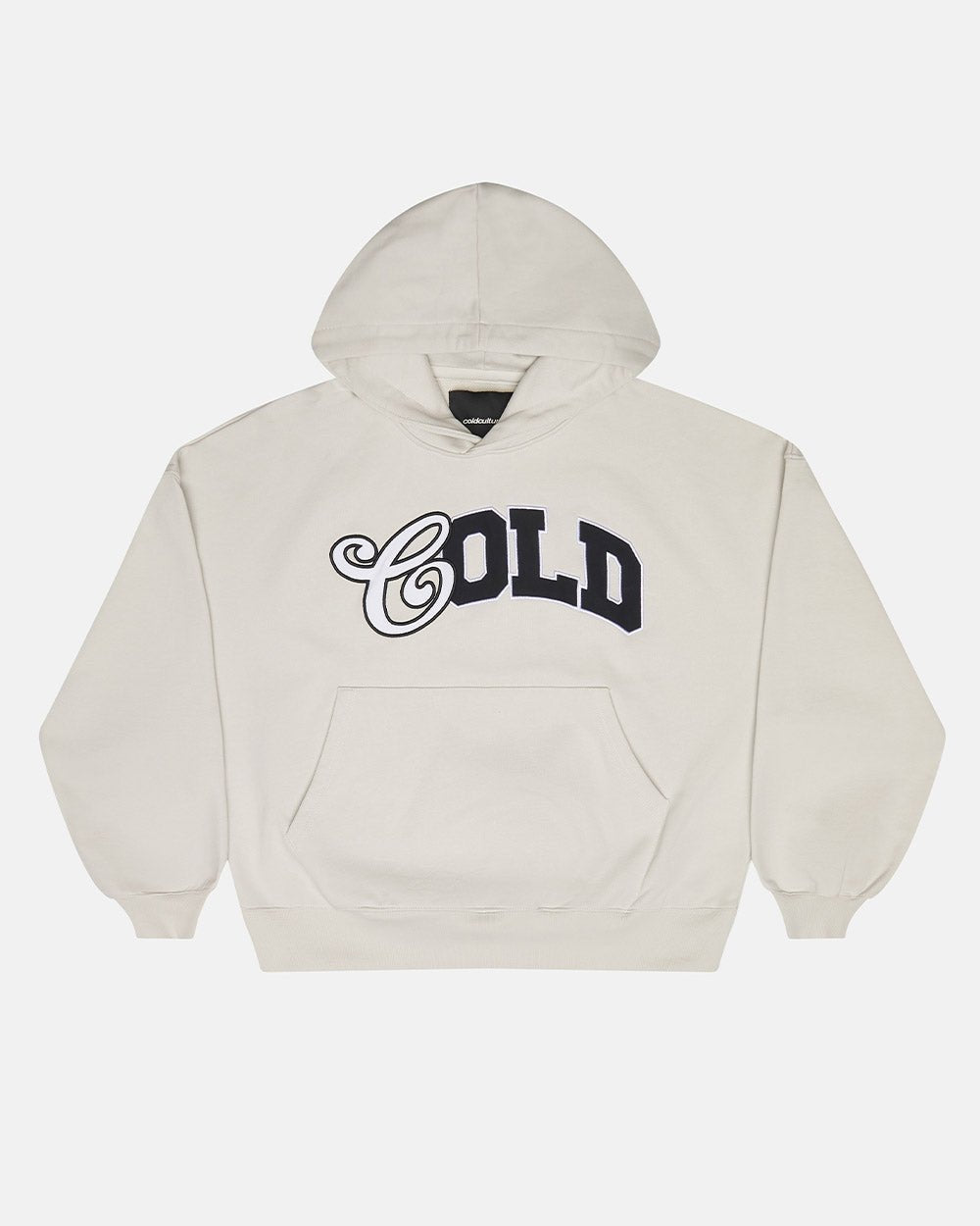 VARSITY HOODIE IVORY GREY - ivory varsity print hoodie, front view - Cold Culture #packshot