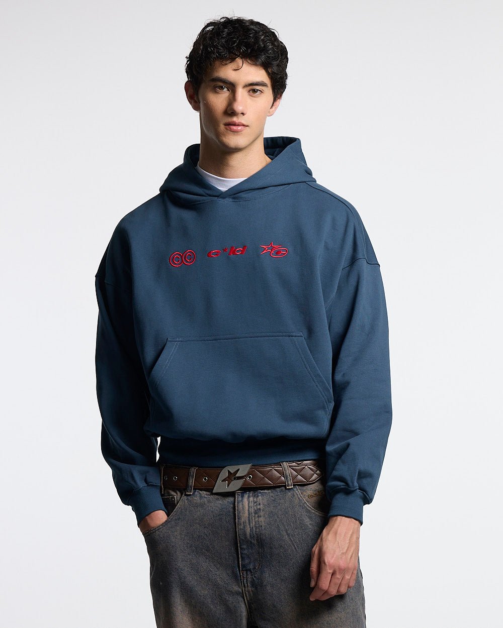 VERTICAL HOODIE NAVY - navy graphic print hoodie, front view on male model - Cold Culture #man